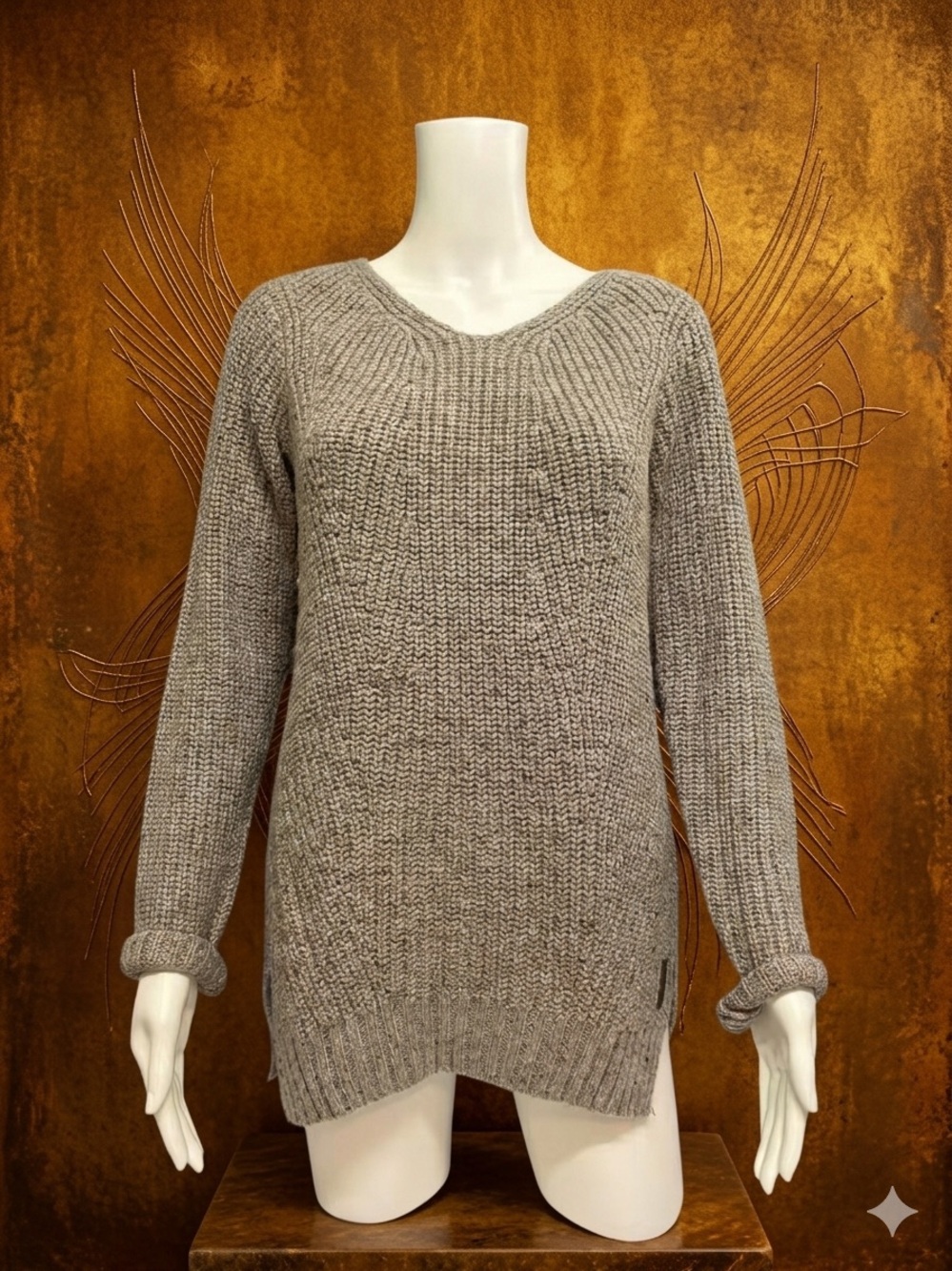 Roots Acrylic Wool Knit V-Neck Side Split Longline Brown Tunic Sweater Size S